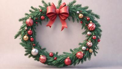 The primary subject of the image is a large, ornate wreath made of evergreen branches and decorated with red and gold ornaments. The wreath is placed on a white background, which highlights its vibrant colors. The visual style of the image is a combination of digital art and illustration, creating a festive and eye-catching display. The overall atmosphere of the image is warm, inviting, and celebratory, with the wreath serving as a centerpiece for the holiday season.